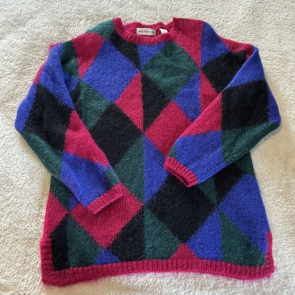 Vintage Sweater Large Mohair Long Line Pink Wool Blend Color Block Fuzzy Grunge - Picture 1 of 12